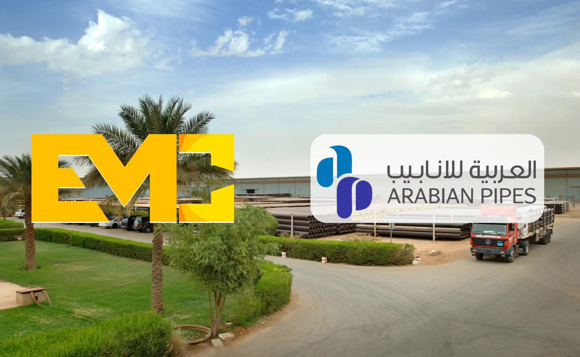 EMC students at the Arabian Pipes factory with EMC and Arabian Pipes logos